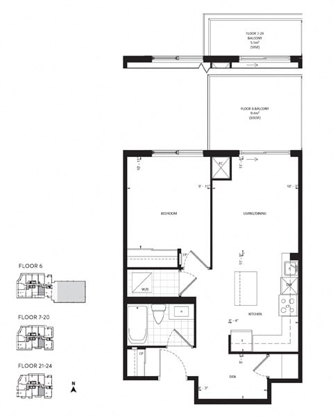 Floor plan for 1 bed, 1 bath, 609 sqft